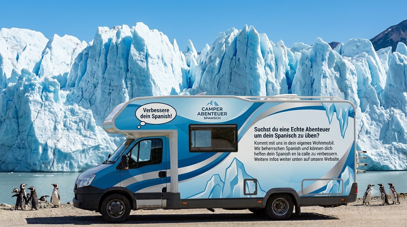 Camper mit Sprachkurs-Motiv am Perito-Moreno-Gletscher